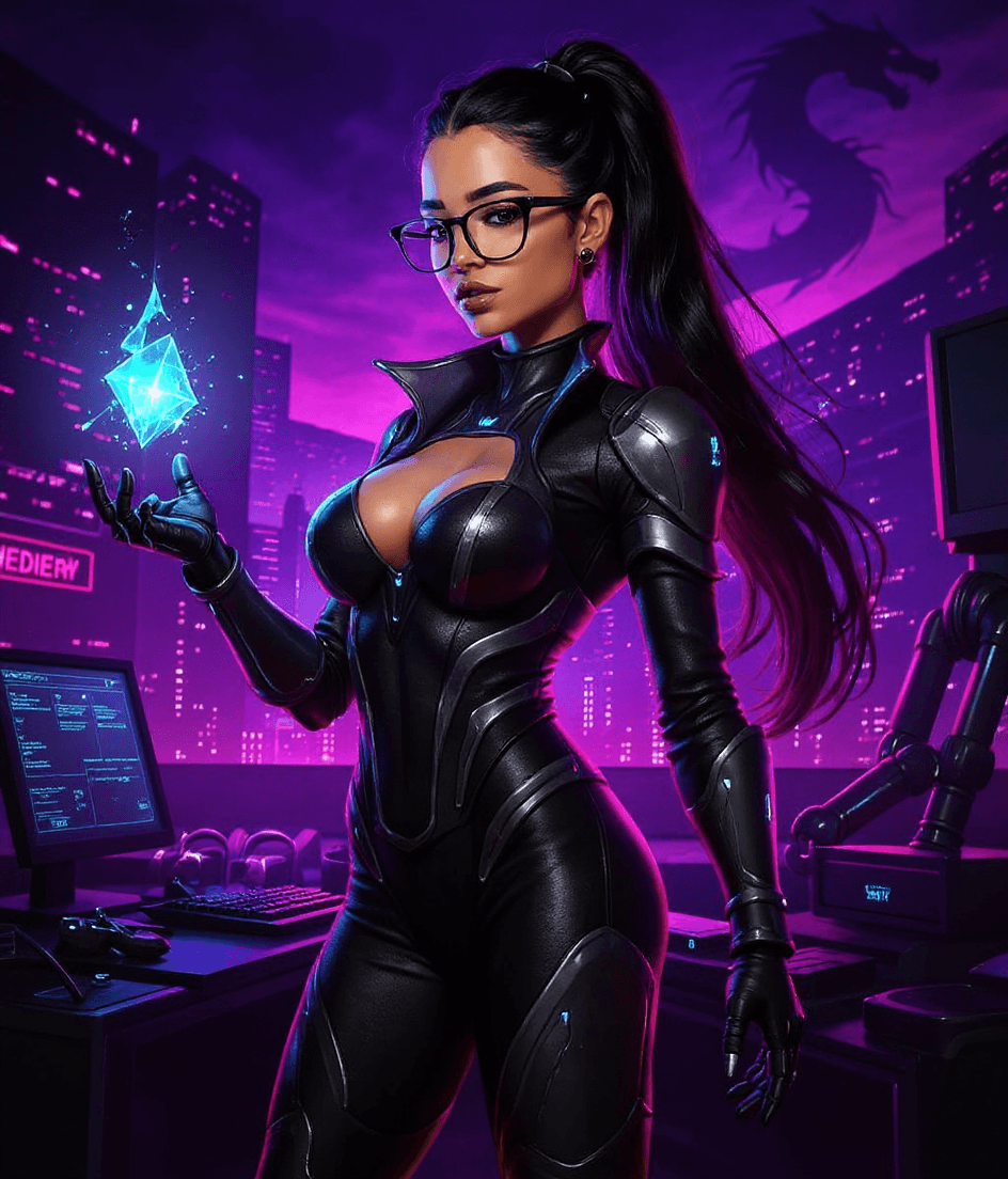 AI generated: A vibrant, cyberpunk-style art illustration of a confident woman in a sleek, black armored bodysuit ...