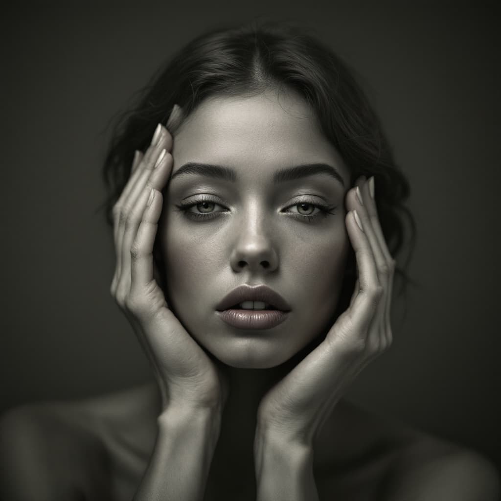 AI generated: A photo model with a hand growing out of her forehead.