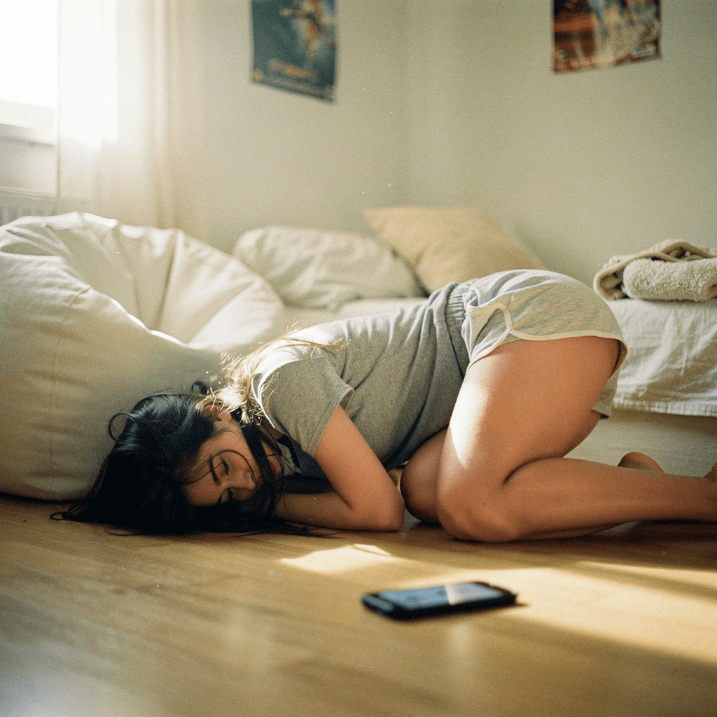 AI generated: A bright lit, cozy bedroom scene at day, featuring a young person with long dark hair lying sprawled...