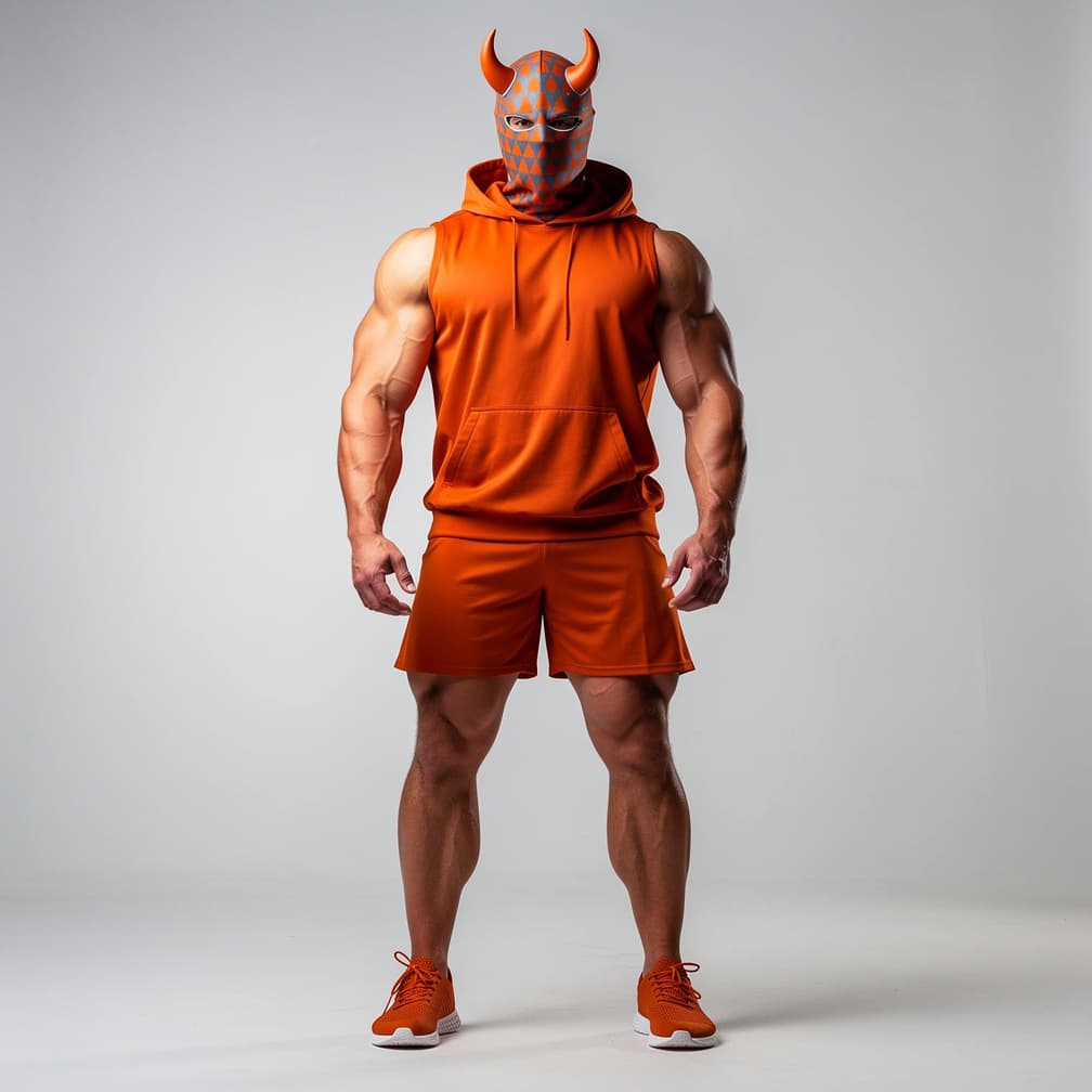AI generated: A big muscular man wearing deep orange short shorts and a deep orange tank top with a hood plus a de...