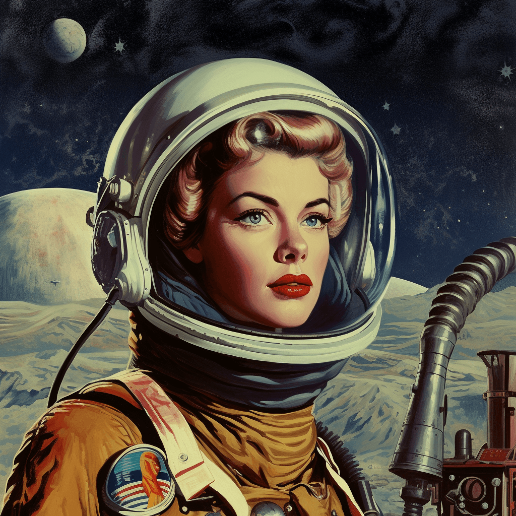 AI generated: first woman on the moon, 1955, wearing helmet