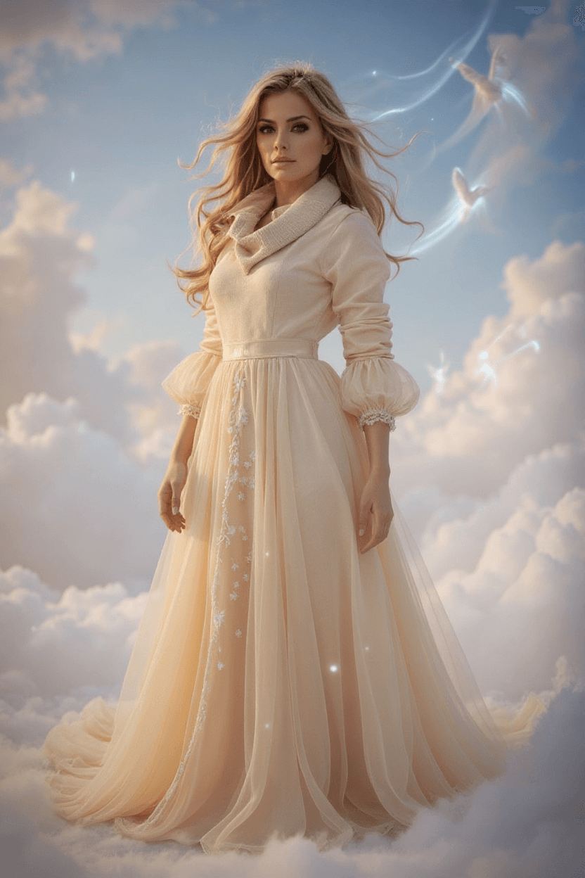 AI generated:  Woman in long luxorios tull dress, light yellow, golden color, the realm of the Air, magical winds ...