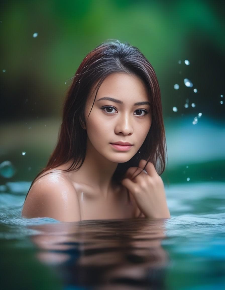 AI generated: Cute female bathing on a river by the woods, submerged, with blue eyes, pink wet hair, depth of fiel...