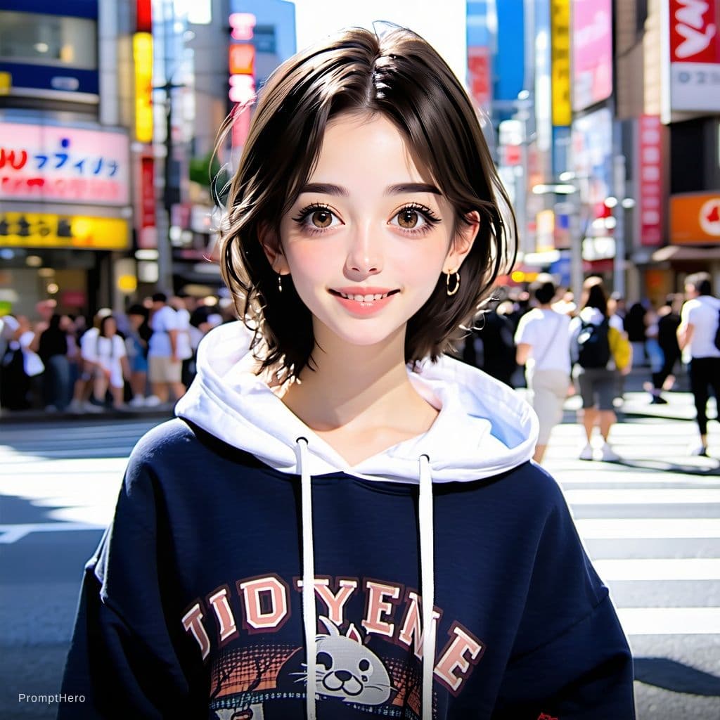 AI generated: girl posing in Shibuya for a photo shoot, detailed anime style face, manga style drawing, highly det...