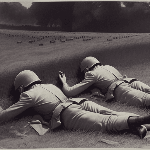 AI generated: Photo of a young soldiers lying dead on the bloody field, with millions of young men rushing through...