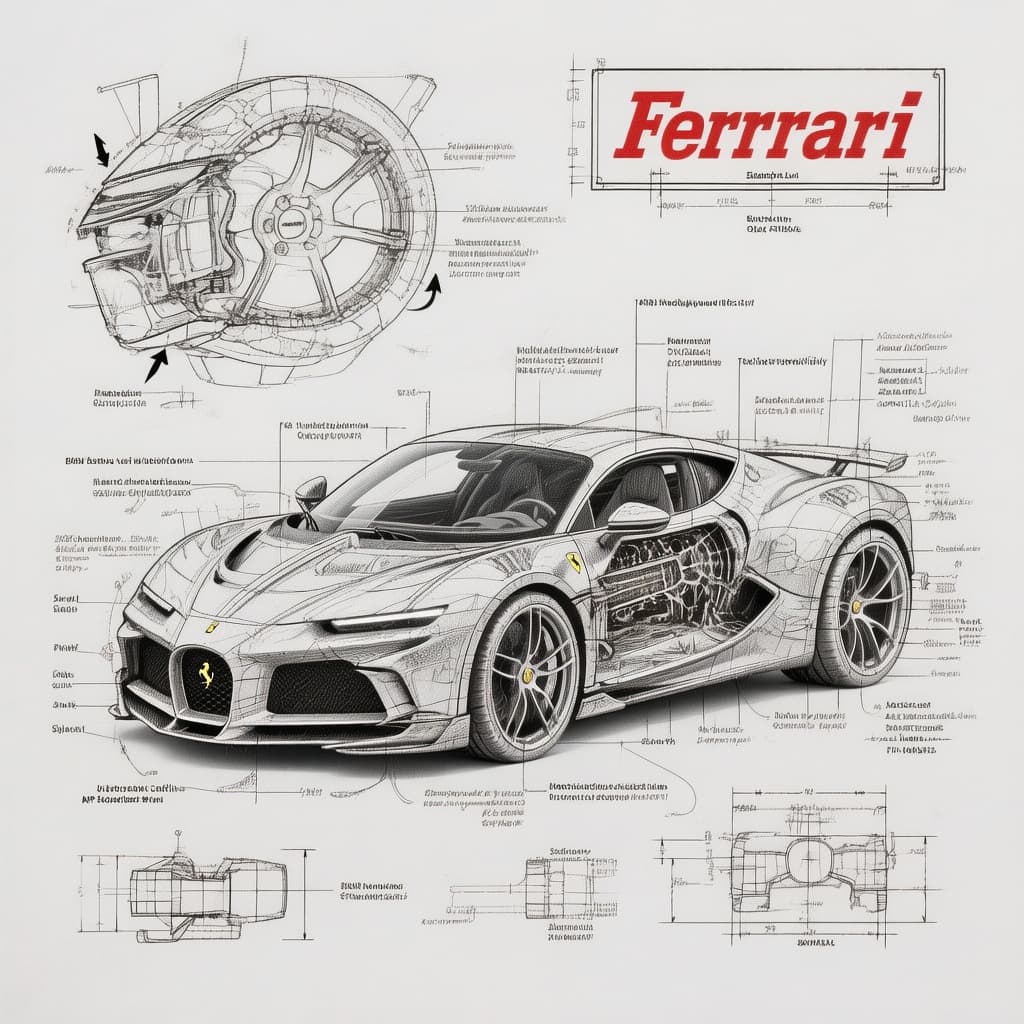 AI generated: Create an infographic image of ferrari, combining a realistic photograph or photorealistic render of...