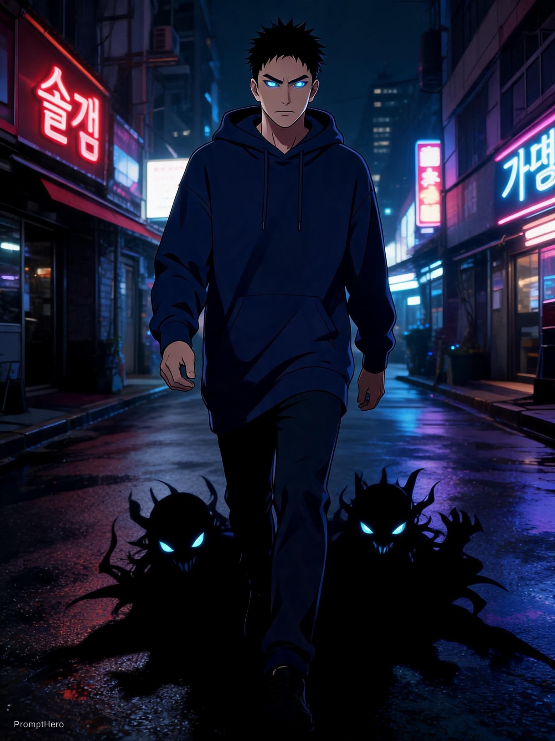 AI generated: A photo-realistic cinematic shot of a young Korean man inspired from Sung Jin-Woo from Solo Leveling...