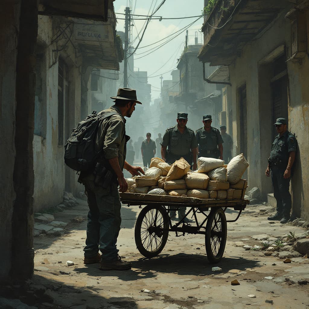AI generated: "In Cuba, a street vendor with a cart of basic goods is confronted by secret police agents. The scen...