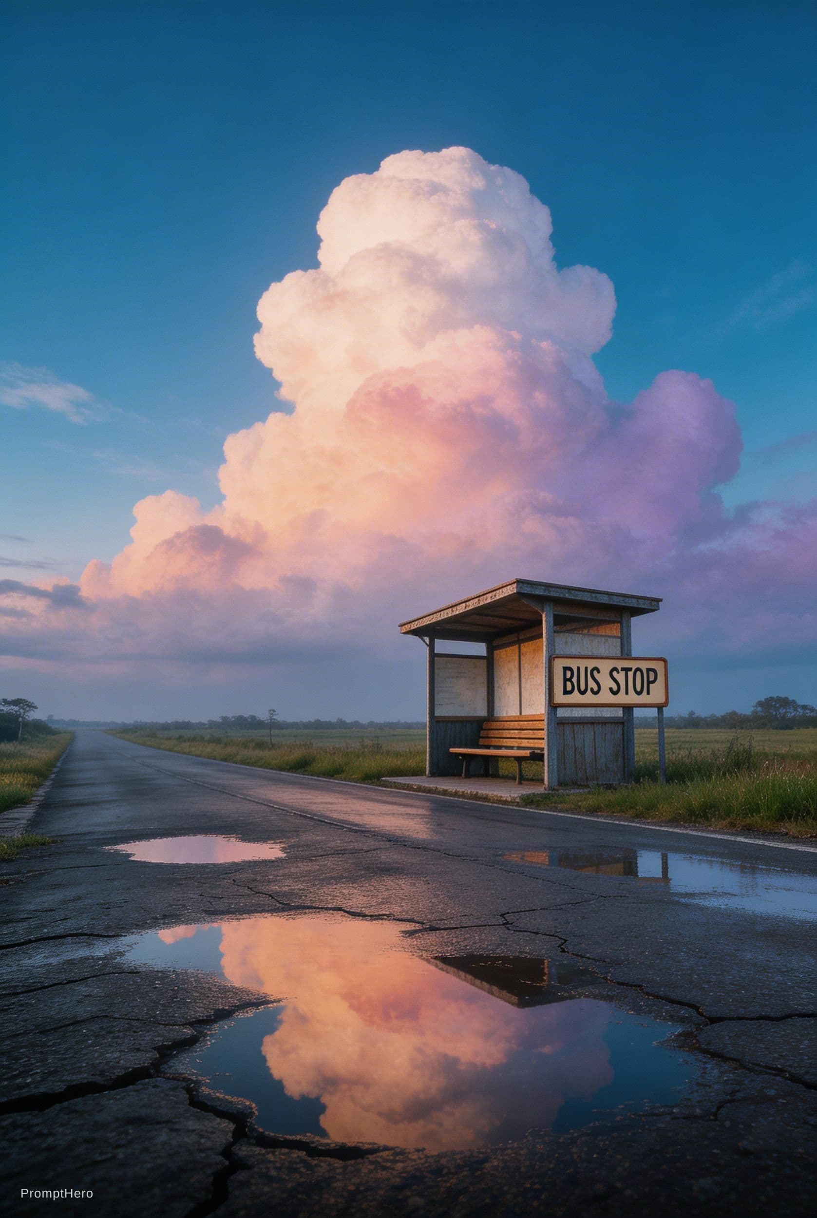 AI generated: illustration art, nostalgic, wide low-angle, small retro roadside busstop, warm orange and teal colo...