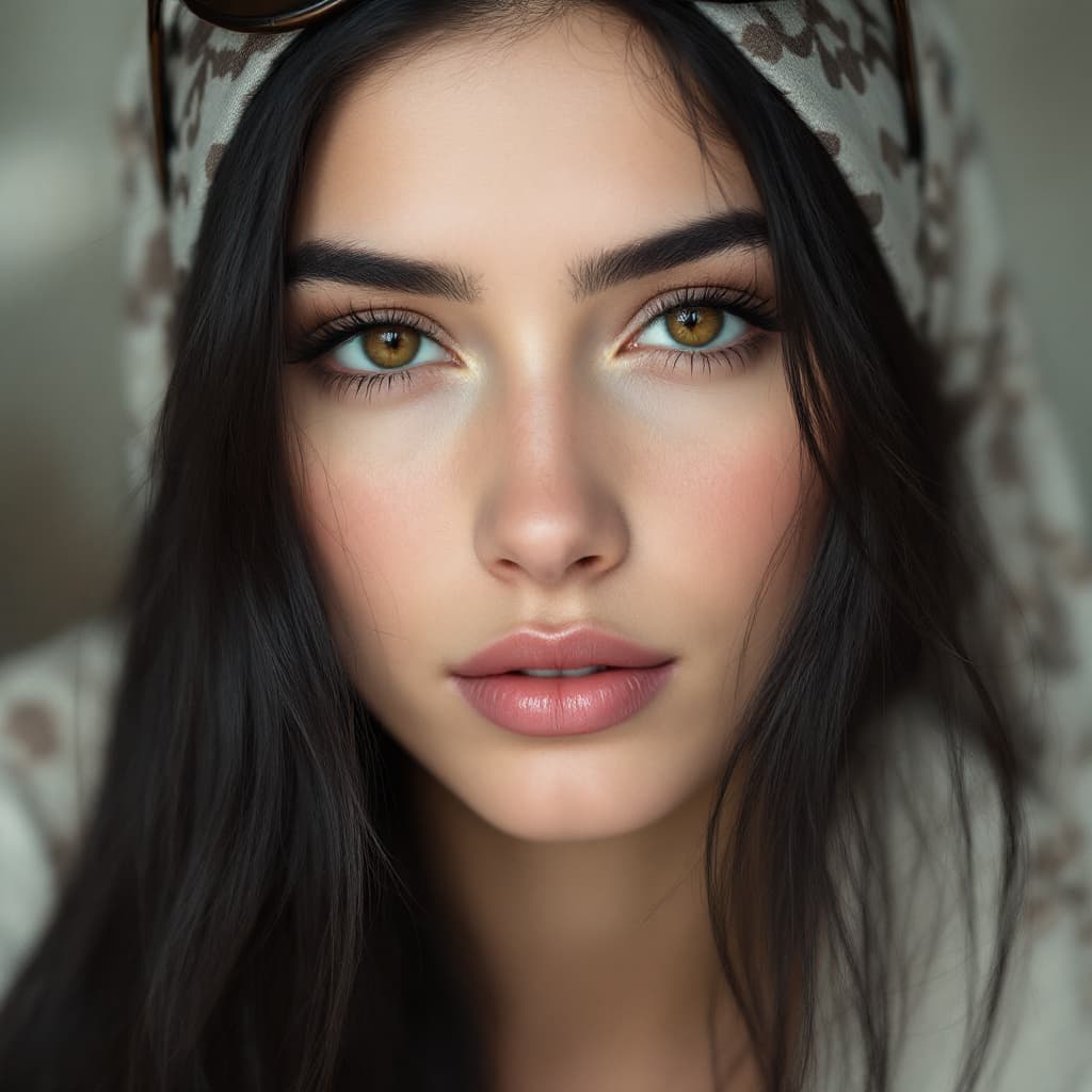 AI generated: creates an image of a woman with long, black hair, narrowed brown eyes, white skin, delicate gaze, w...