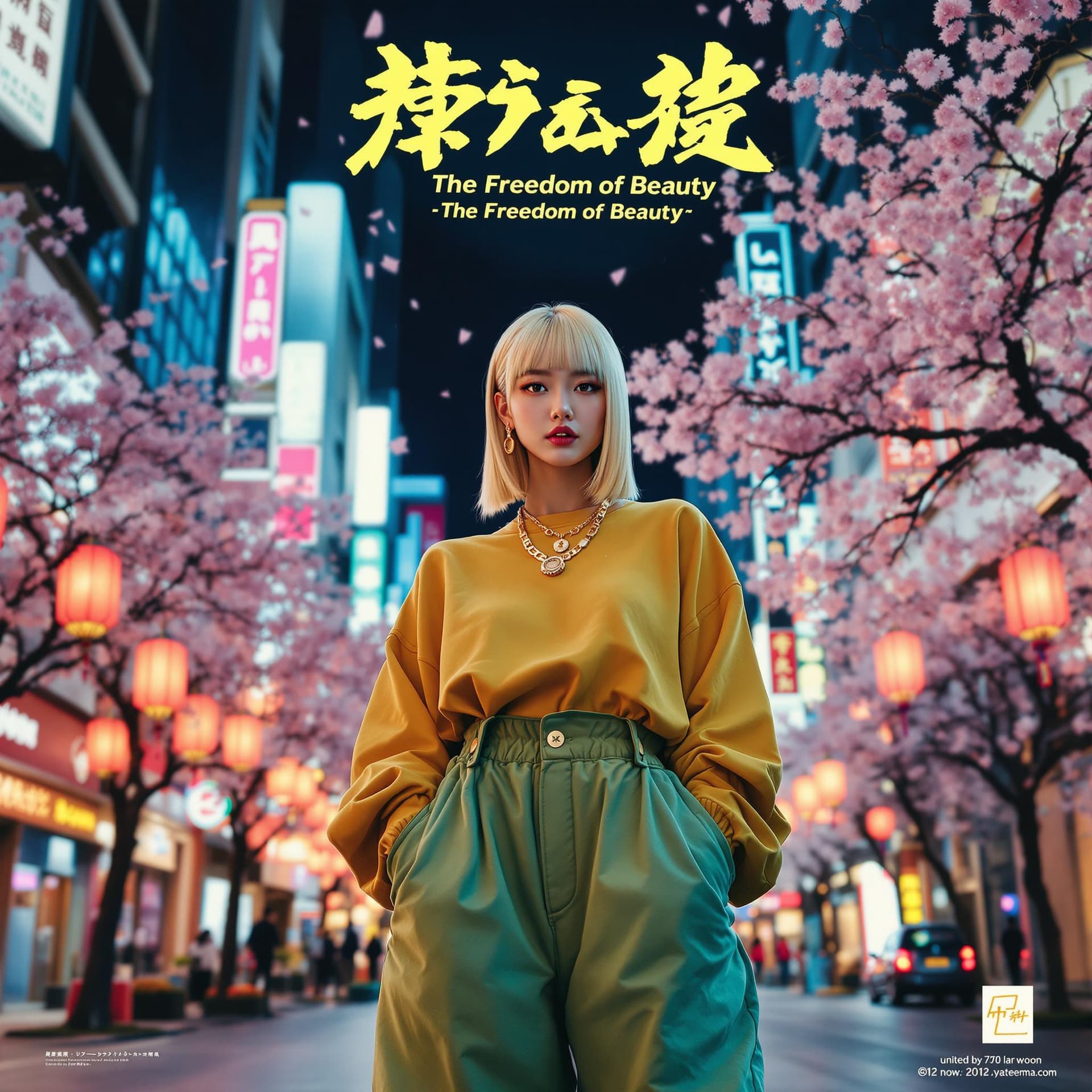 AI generated: A bold Japanese hyperrealistic advertising poster features a stunning Asian model with sleek, blonde...
