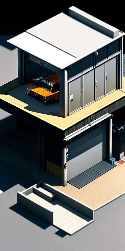AI generated: isometric view of a garage with a nissan skyline, isometric, tiny, 3d render, unreal engine, intrica...