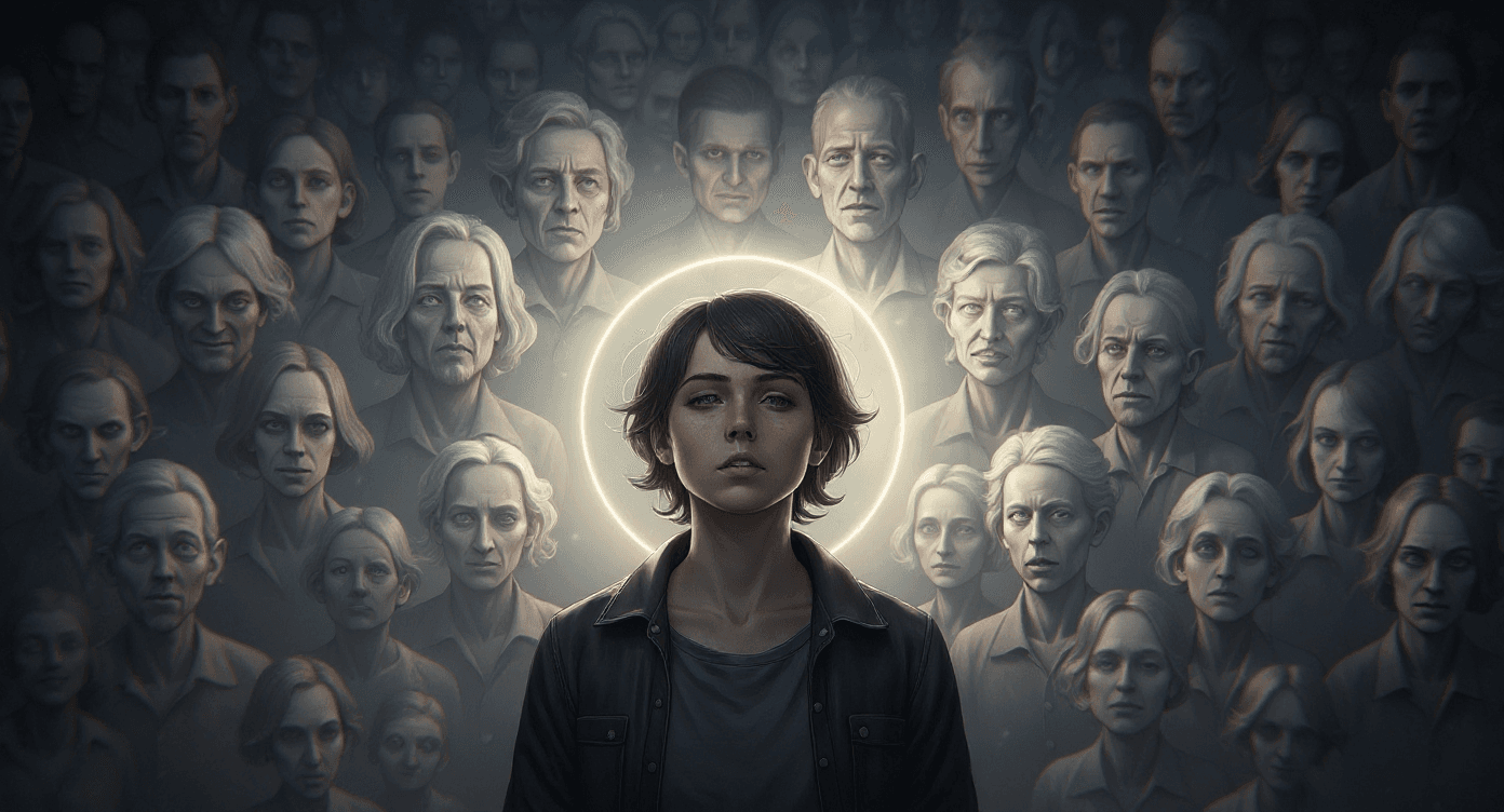 AI generated: The smoke-beings form a gentle halo behind the figure. Their features shift—flickering between age, ...