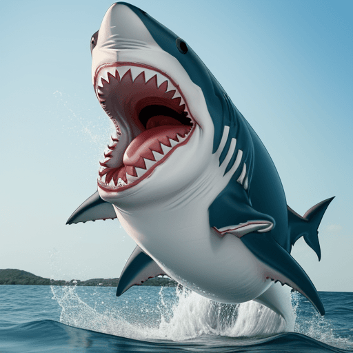 AI generated: photo of a happy shark jumping out of the water behind a boat wearing huge (dentures:1.9) with huge ...