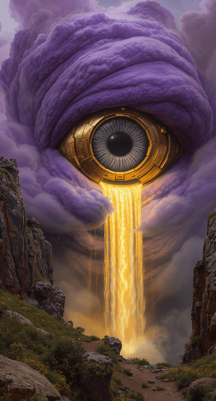 AI generated: Create a stunning image of a giant, mechanical eye suspended in thick, swirling purple clouds. The e...
