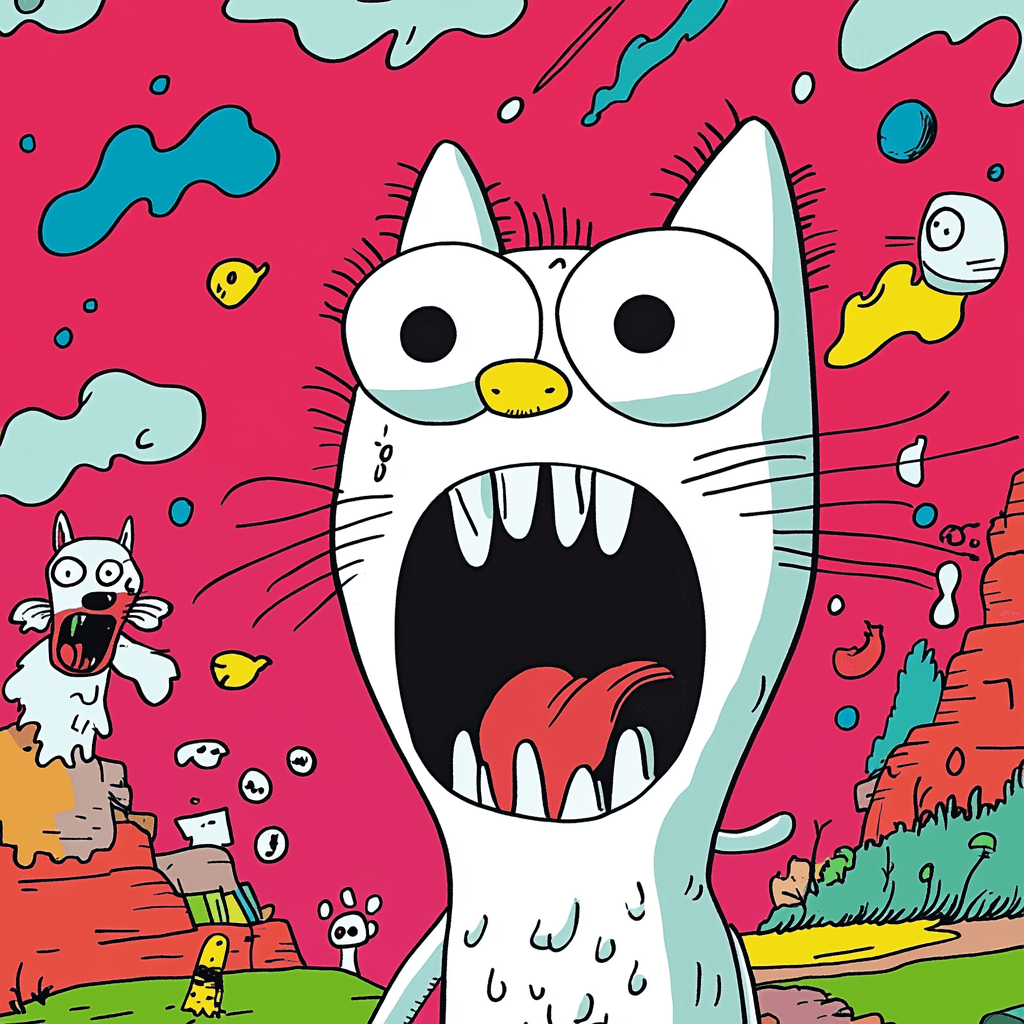AI generated: Cartoon illustration of a scared cat with puffed-up fur and wide, panicked eyes; surrounded by float...