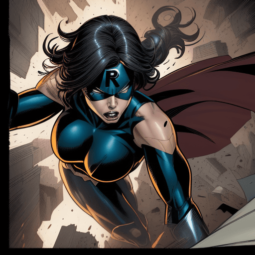 AI generated: Comic book art, female superhero ripping through a paper wall, homen de ferro
 yet fierce, in the st...