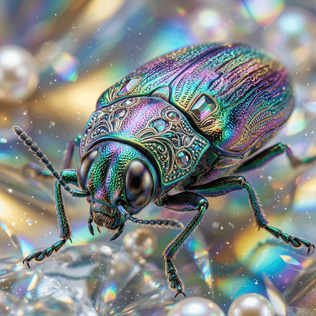 AI generated: Ultra-detailed hypermacro fashion-entomology portrait of a single iridescent beetle, captured as a l...