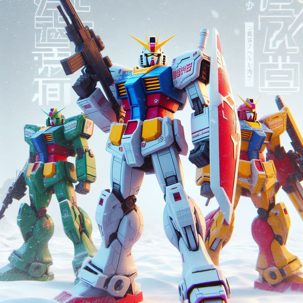 AI generated: Presentacion de Gundam en la nieve haciendo poses epicas con colores llamativos y letras japonesas, ...