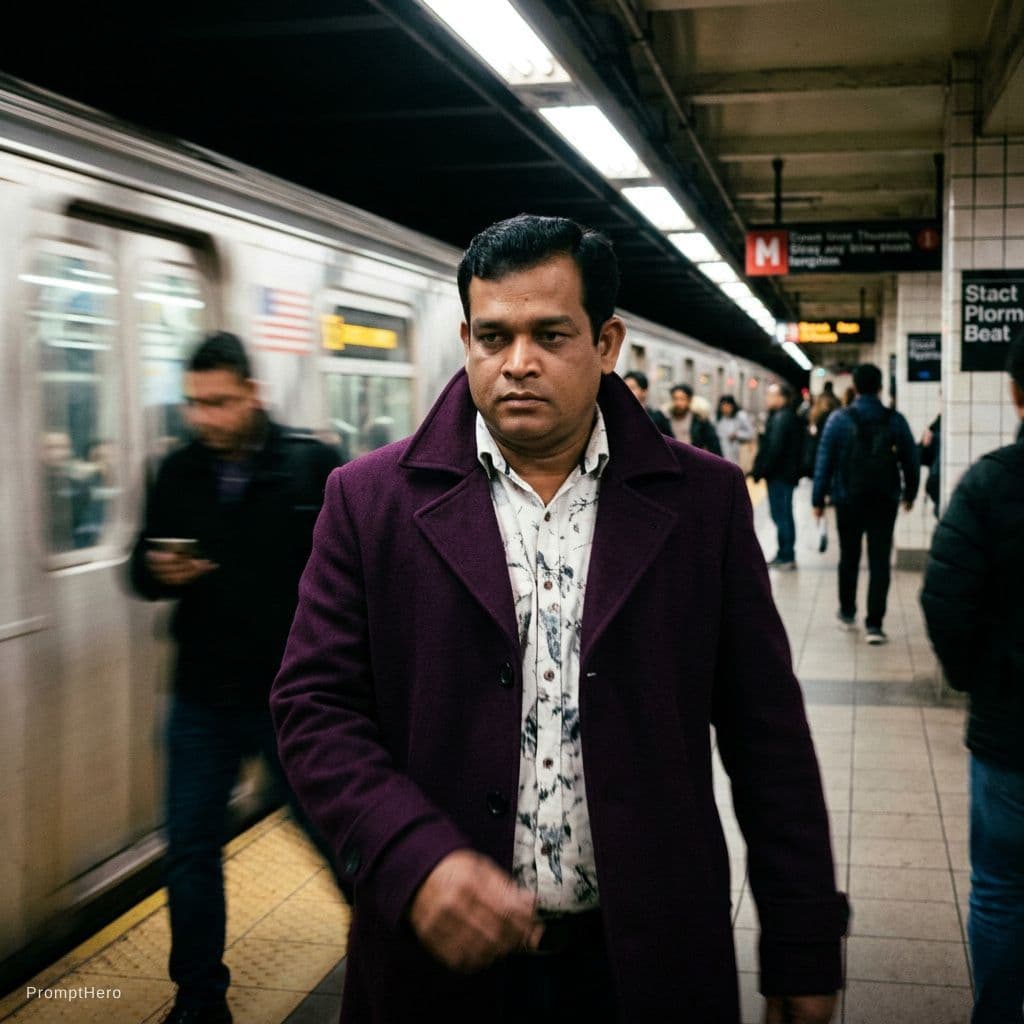 AI generated: fashion editorial photography, motion blur, male model, wearing an wool coat, deep purple color, wal...