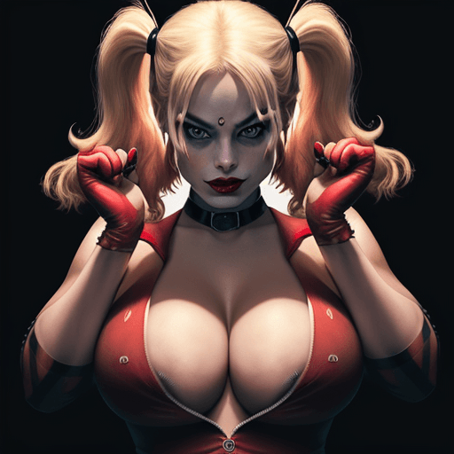 AI generated: Photo of Margot Robbie as Harley Quinn, big boobs cleavage, Ultra detailed, perfect face, Perfect Qu...
