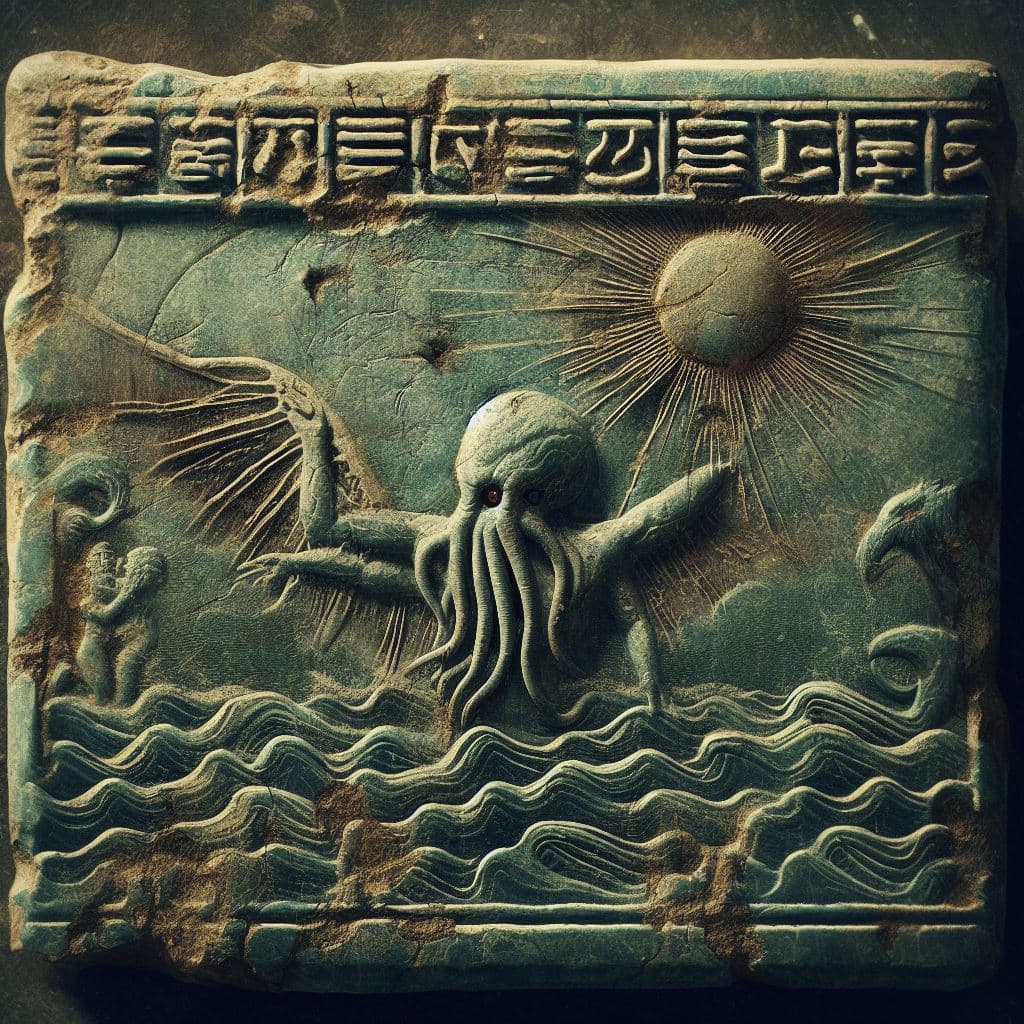AI generated: photorealistic, weathered, dirty, aged cuneiform tablet with image of cthulu rising from the sea