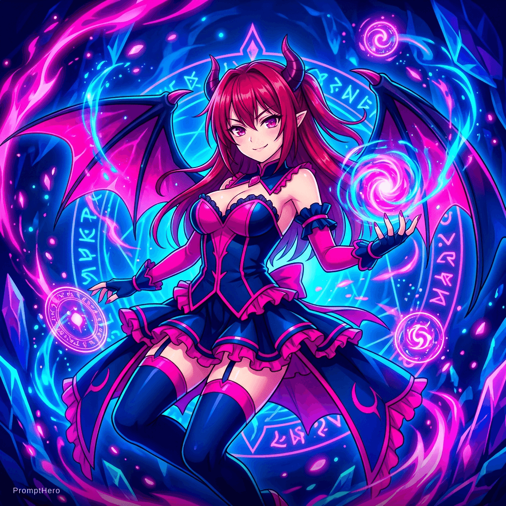 AI generated: Mio Naruse, succubus, vibrant hot pink and blue theme
