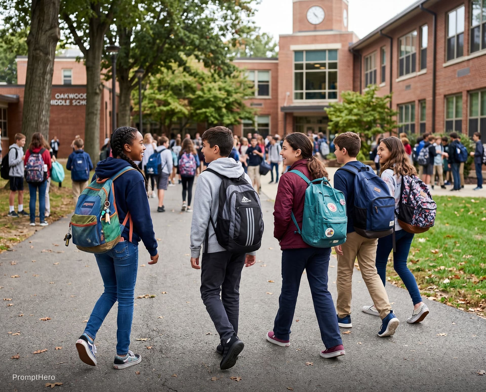 AI generated: School bags with students in School campus 