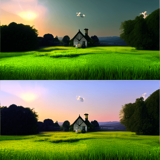AI generated: 4 photos of the same scene of a beautiful green field and a cottage in the back, 4k, hyper realistic...