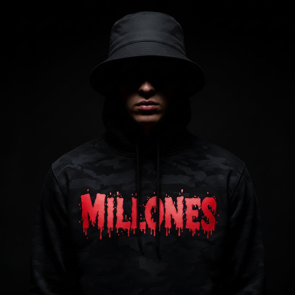AI generated: photography, front shot, upper body, male model, wearing a bucket hat, black hoody, HOODY WITH TEXT ...