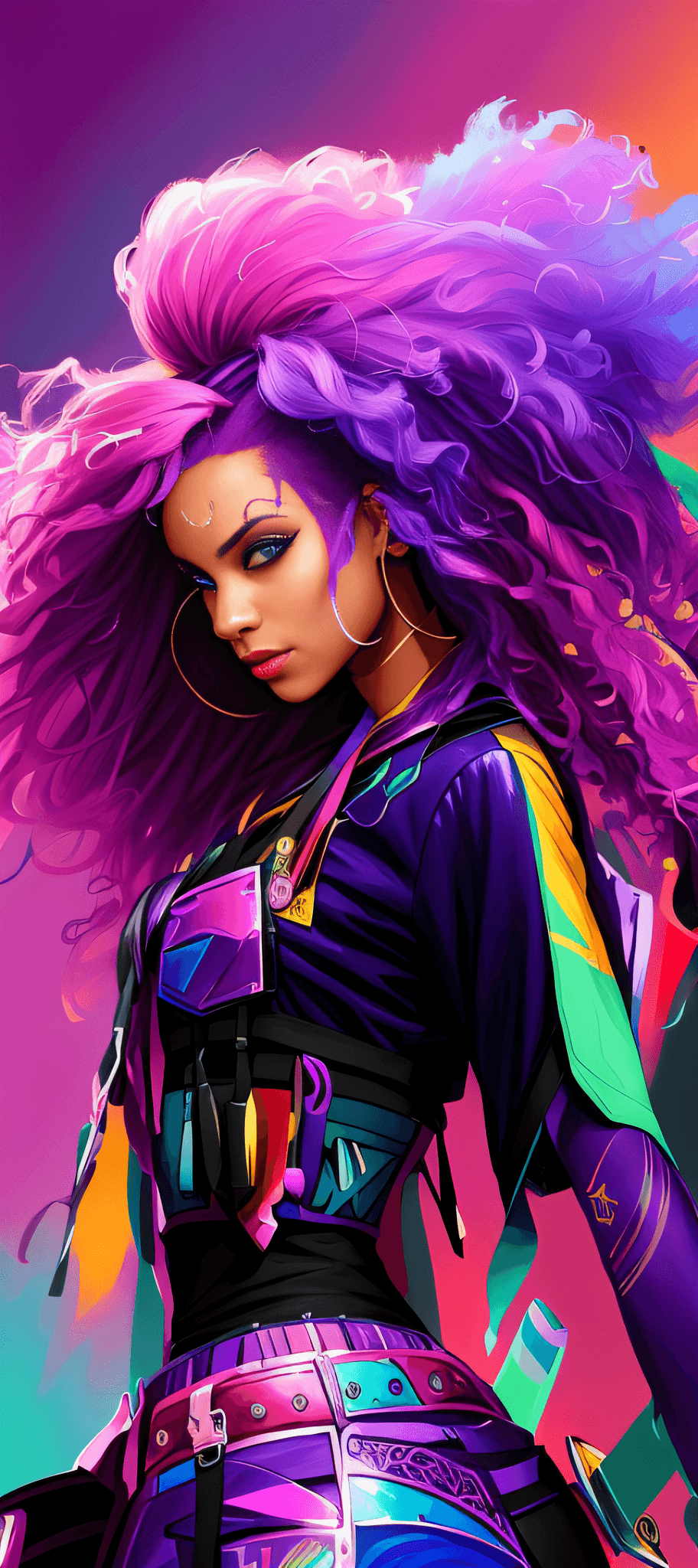 AI generated: arafed woman with purple hair and a colorful outfit holding a knife, rossdraws | afrofuturism, rossd...
