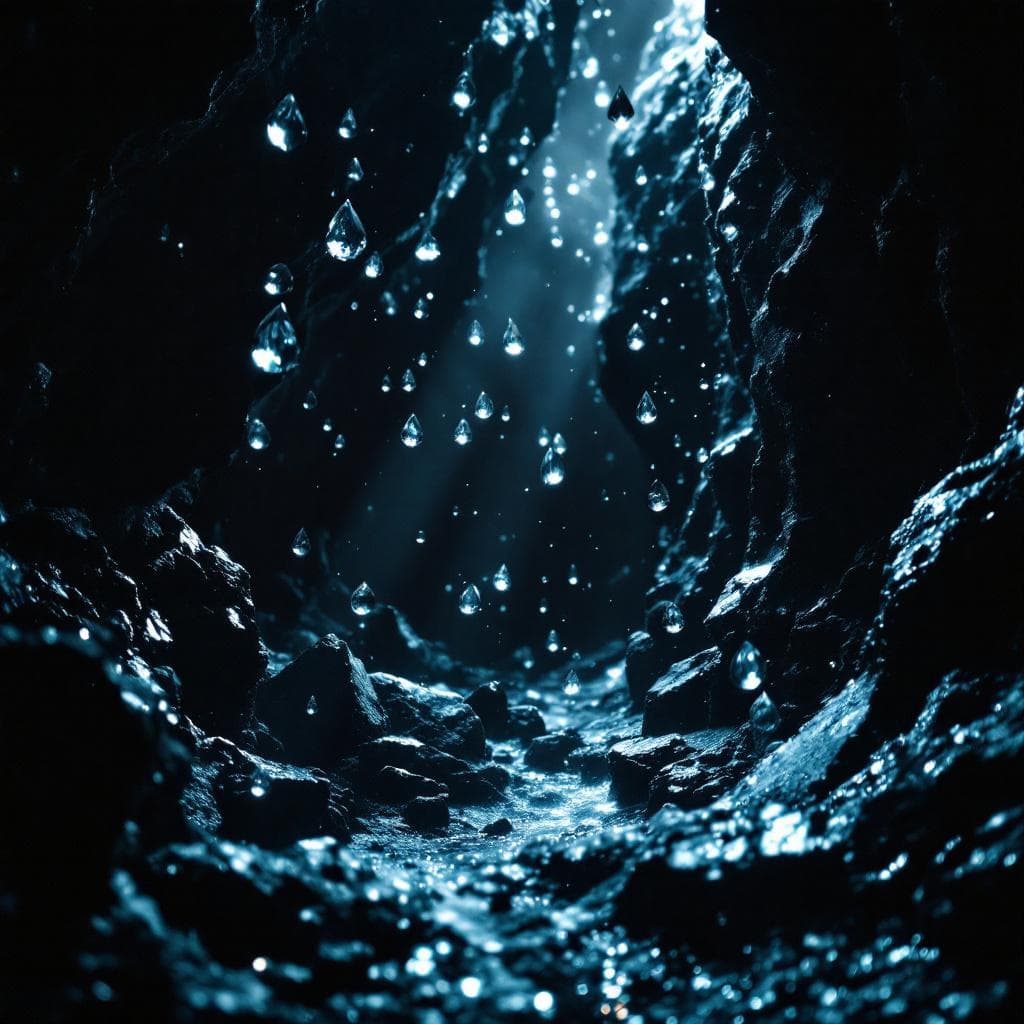 AI generated: photographic, ultrarealistic, ubsurdres, close up of a pitch black cavern, with crystals like teardr...