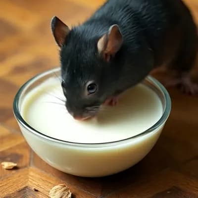 AI generated video: A mice drinking milk from a bowl, runs in the last 