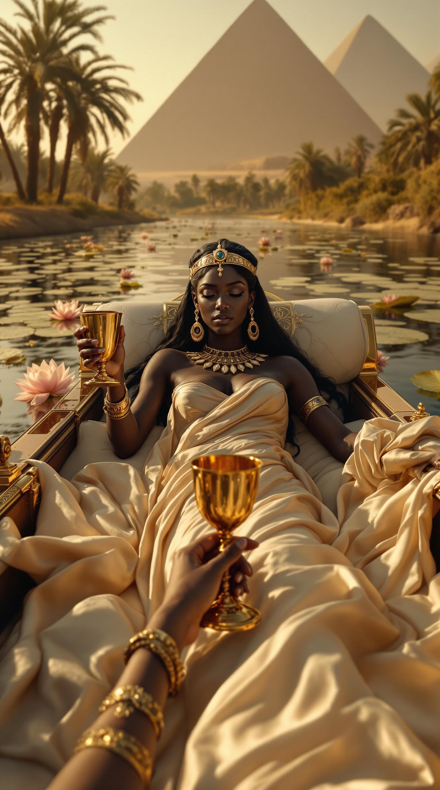 AI generated: A hyper-realistic black first-person  perspective of Cleopatra VII black women skin reclining on a s...