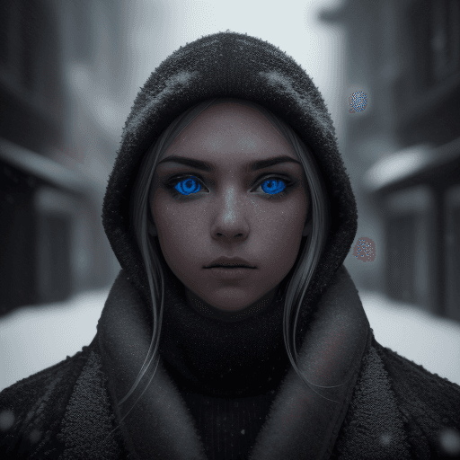 AI generated: cinematic portrait, dark theme, frost, future, snow, ice, sharp photo focus, street, symmetrical fac...