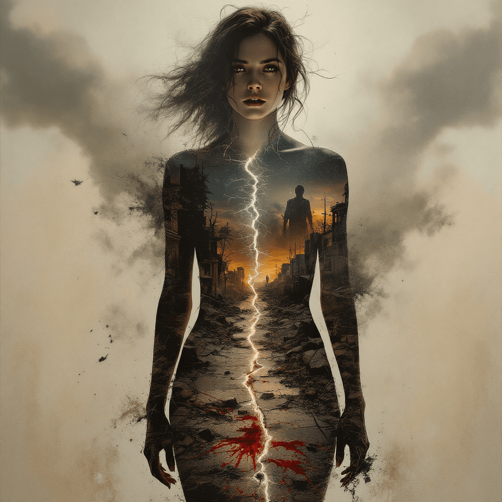 AI generated: An award-winning double exposure oil painting inspired by Richard Laymon’s Earthquake, capturing the...