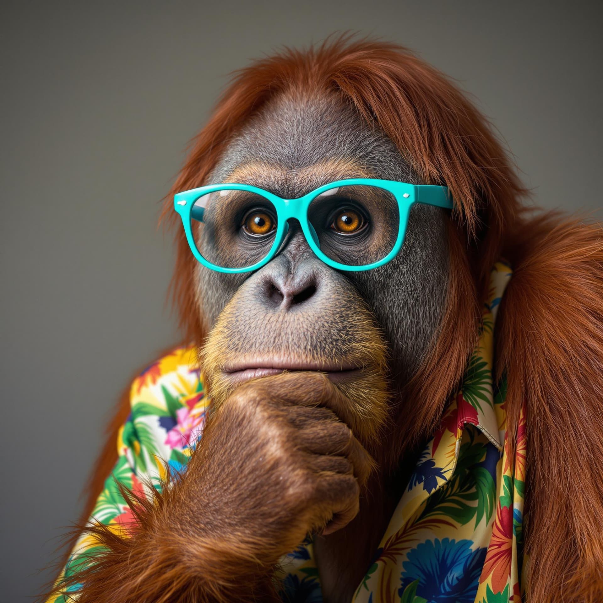 AI generated: The image features an orangutan donned in a colorful, tropical-print shirt and sporting a pair of tu...