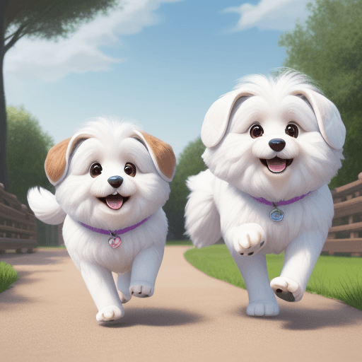 AI generated: Create a movie poster for Lumi and Tuisku, two cute Coton de Tulear dogs running happily, Disney Pix...