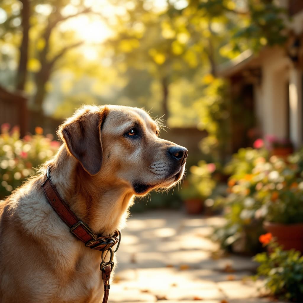 AI generated: A weary, elderly dog with a tired yet kind expression slowly walking into a peaceful suburban courty...