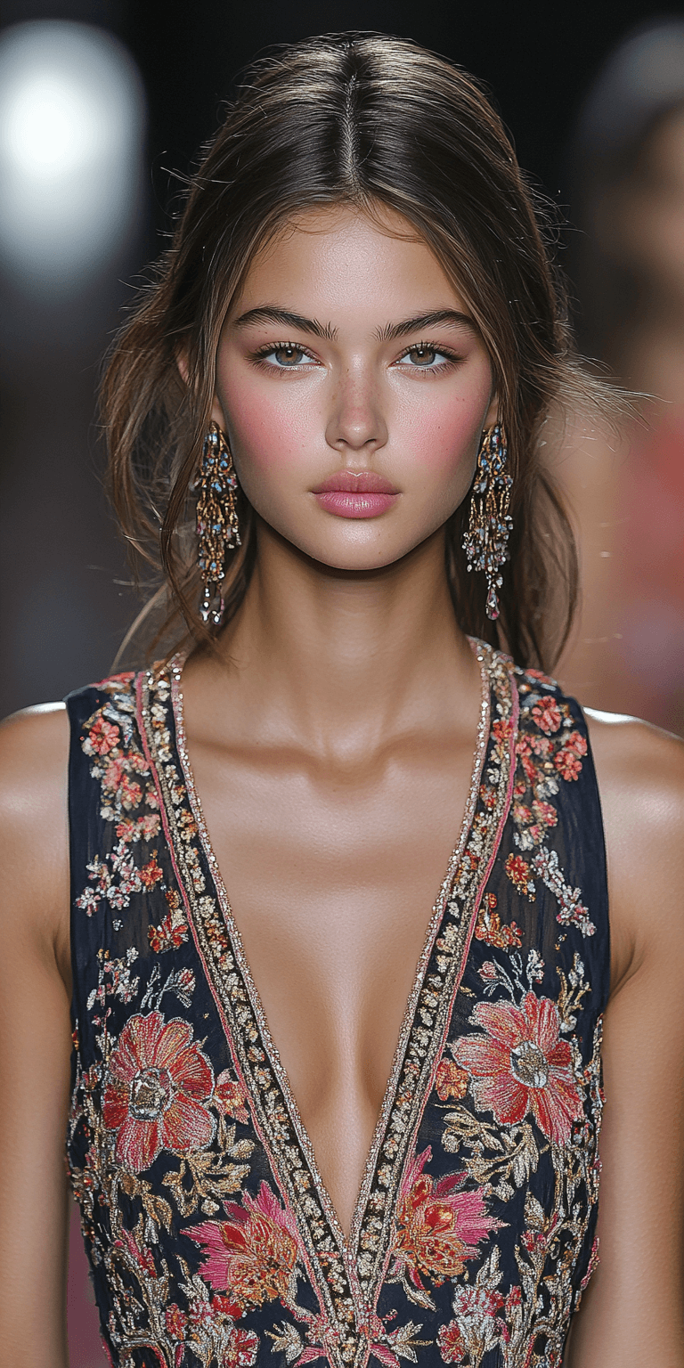 AI generated: A beautiful woman wearing an exquisite embroidered dress walking in a NYC runway show, front portrai...
