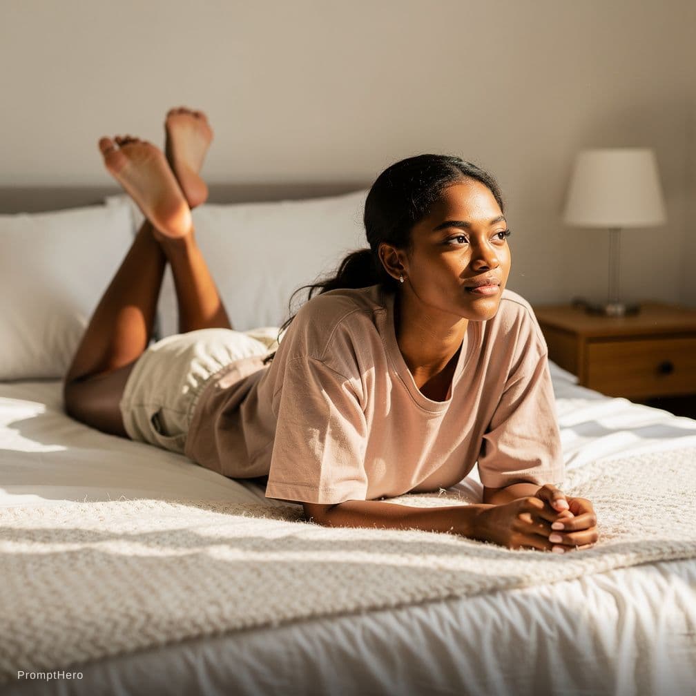 AI generated: naked brown girl 23 years old leying down on her stomach in the bed
