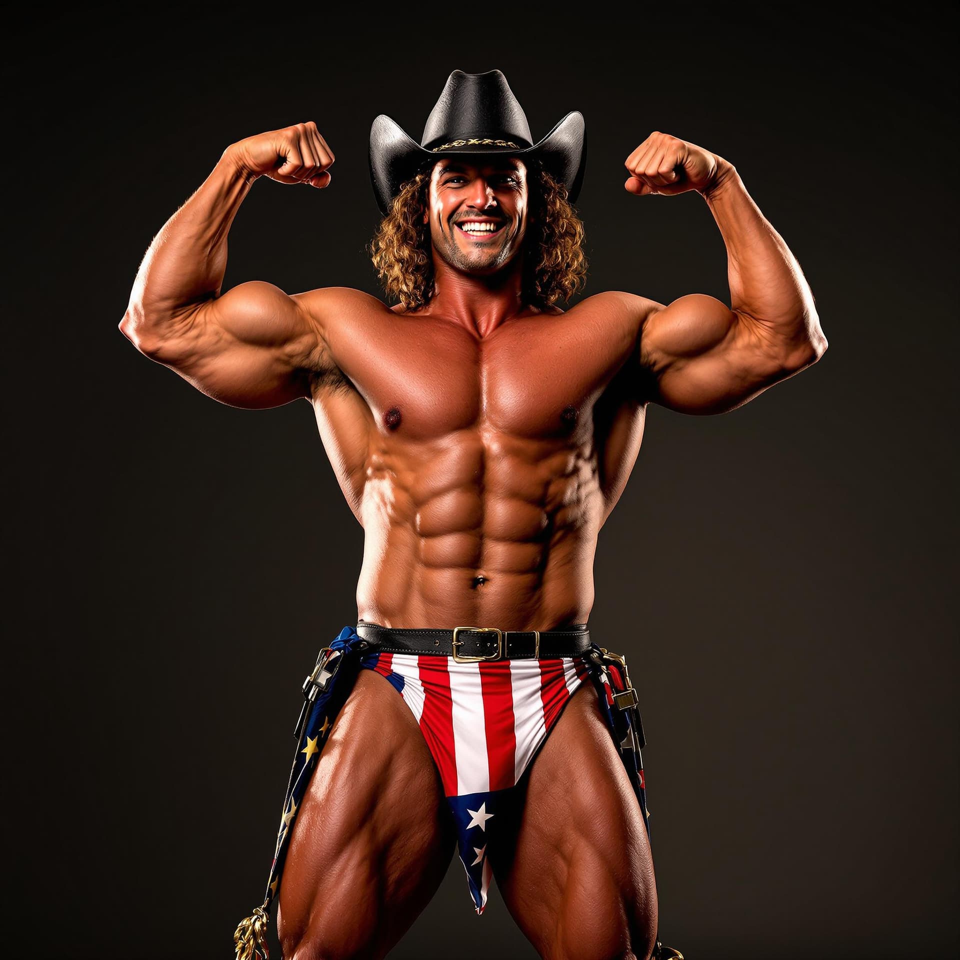 AI generated: Male stripper, muscles, cowboy hat, cowboy boots, American flag thong, flexing, smiling, brown curly...