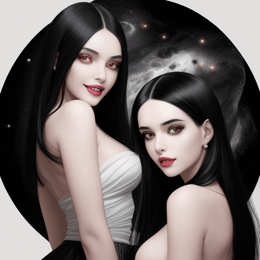 AI generated: two beautiful girls, white and black hair, an evil grin on her face there is an atmosphere of horror...