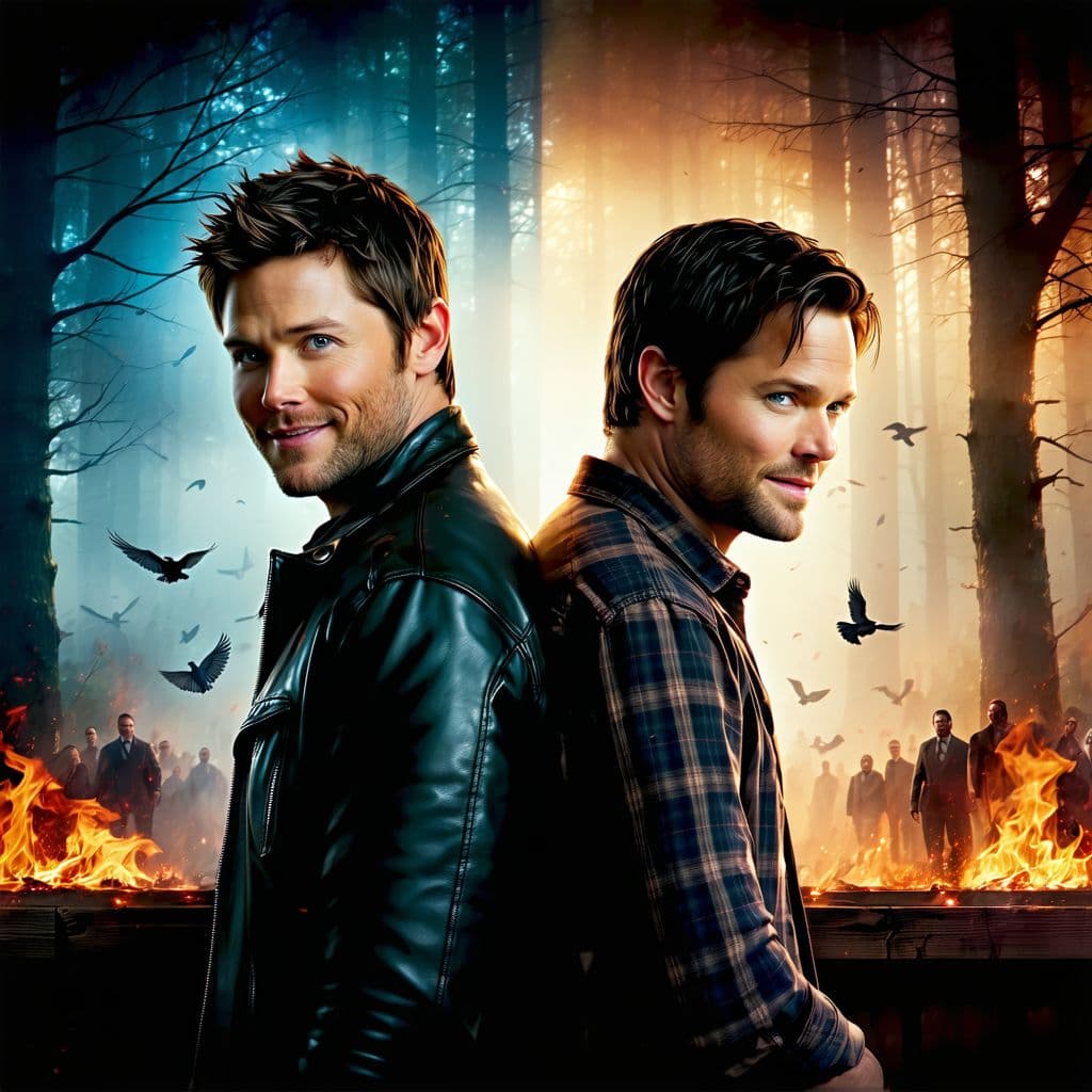 AI generated: The poster art for 'Supernatural' features two brothers back to back. On one side stands Dean, inspi...