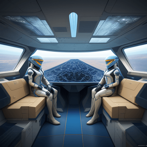 AI generated: general view of the interior of a spaceship with some windows to observe, planet mars outside, insid...