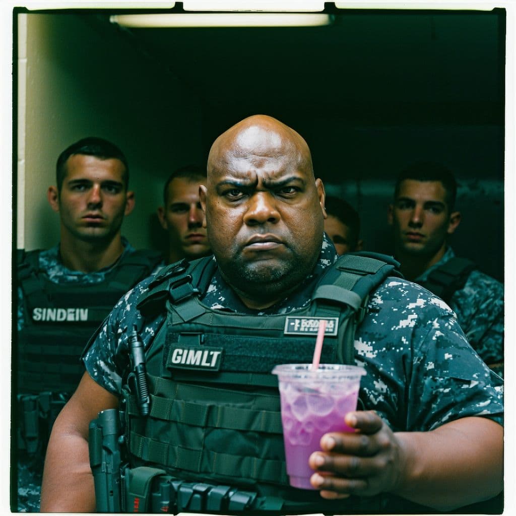 AI generated: grainy 80's photograph quality polaroid of an elite special forces team lead by an obese fat bald fe...