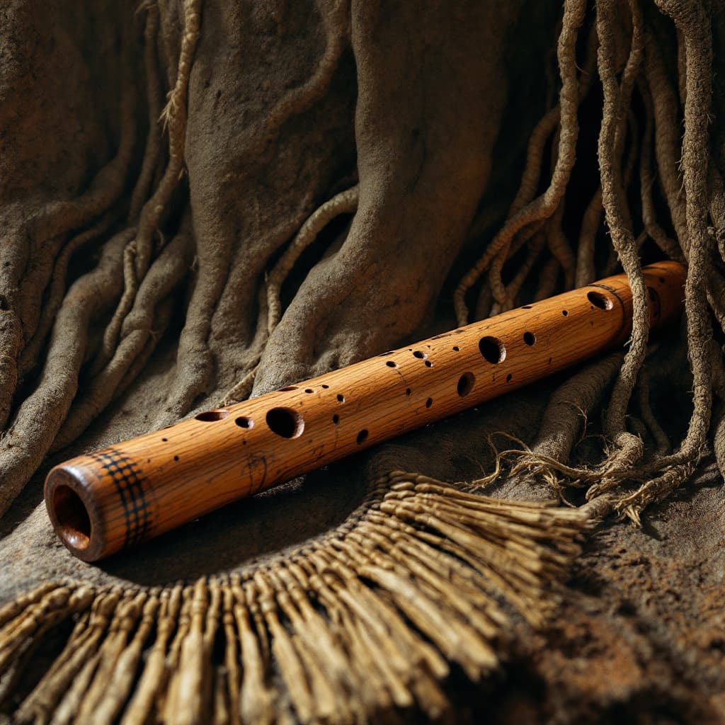 AI generated: a single peruvian wooden flute in a Hyperralistic indie movie poster in Kamchakta