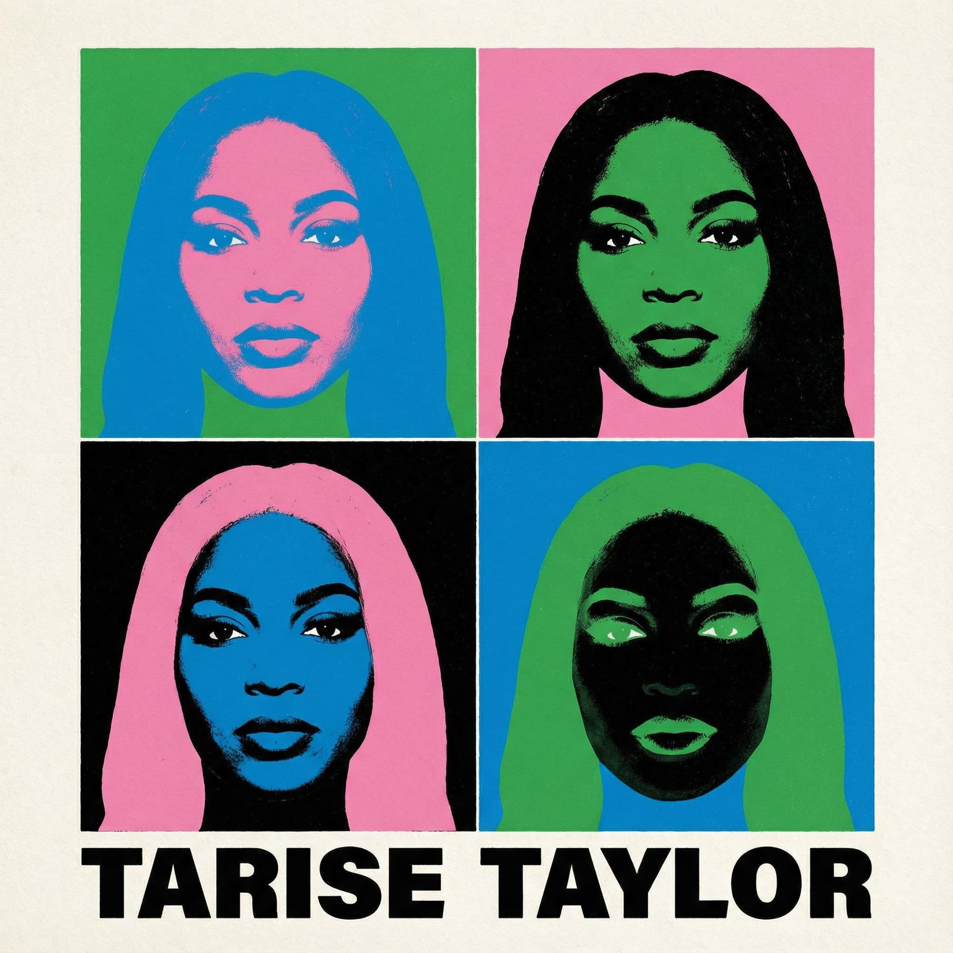 AI generated: Tarise Taylor, in the style of Andy Warhol, simple background, pink, green, blue, and black colors -...