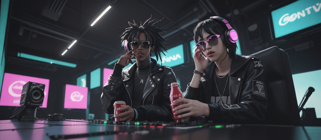 AI generated: DJ, Ja Morant, black headphones, sunglasses, cyberpunk, cyberpunk, CD, record, cassette, drinking Co...