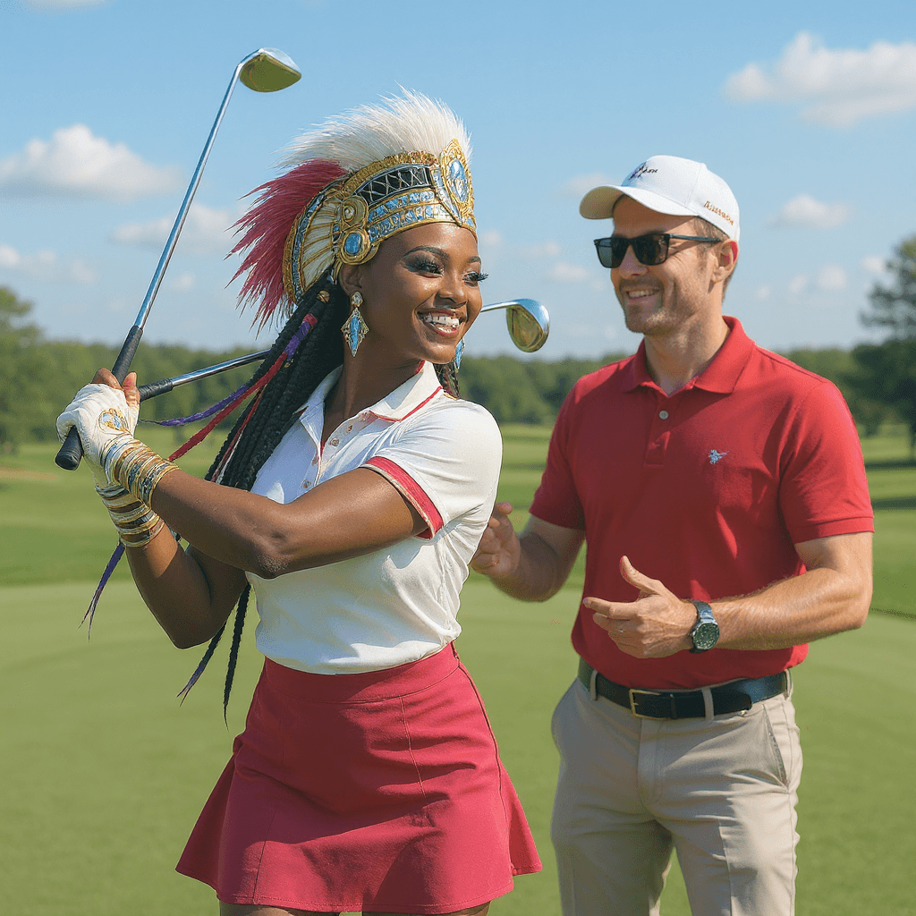 AI generated: Realistic style of said picture wearing a white and red polo shirt and skirt, playing golf with Brad...
